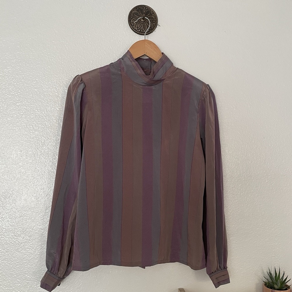 Vintage Jonathan Martin Striped High Neck Blouse | 80s Mauve Brown Academia